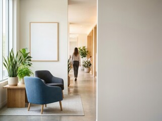 Fototapeta premium Modern office reception area with blue and grey armchairs, indoor potted plants, a blank vertical wall frame for mockup, and a blurred woman walking down a bright hallway.