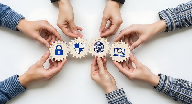 Business team holding wooden gear cogs with cybersecurity and data protection icons teamwork business cybersecurity