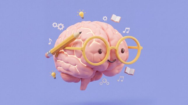 Cute cartoon brain wearing glasses and holding a pencil with floating icons.