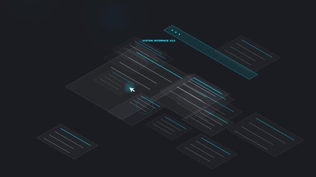 Isometric digital user interface with glowing blue data panels and cursor clicking