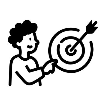 Hand-drawn doodle of a person pointing toward a target, showing goal tracking for objectives, progress, planning, focus, and productive daily work.