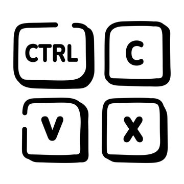 Hand-drawn doodle of keyboard shortcut keys with letters and symbols, showing quick commands, efficient navigation, workflow speed, and productivity.