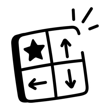 Hand-drawn doodle of a four-section priority grid with arrows and a star, representing priority matrix planning, task ranking, focus, organization.