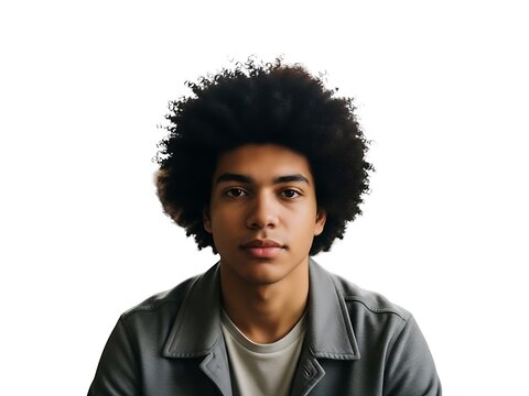 Portrait of a young man with natural afro hair against white background