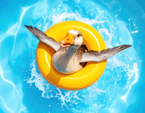 Playful duck with orange float splashing in bright blue pool water du sunny summer day, showcasing leisure, fun, water activity, and outdoor relaxation
