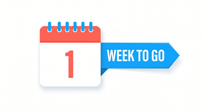 Calendar page showing one week to go countdown with blue ribbon marker for project management and business deadlines.