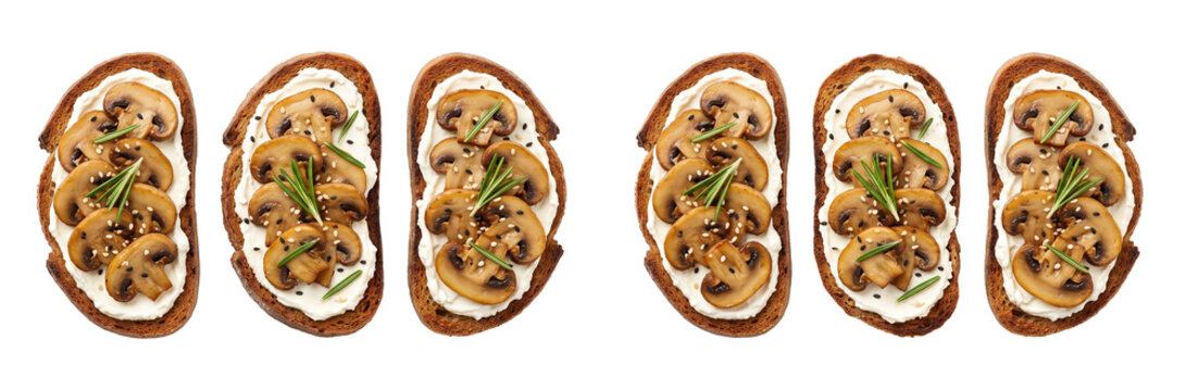 Mushroom Bruschetta with Cream Cheese and Rosemary on Dark Bread - Isolated
