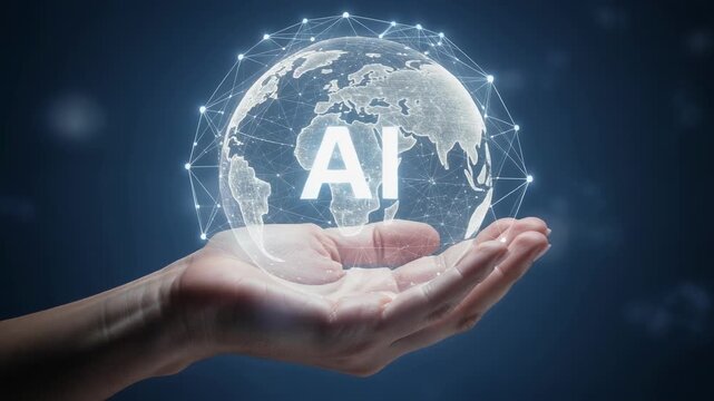 Hand holding glowing globe symbolizing technology innovation and futuristic digital world concept