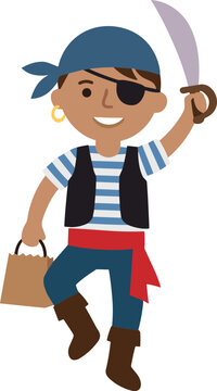 Young pirate boy in a striped shirt, eye patch, and bandana holds a sword and a trick-or-treat bag.