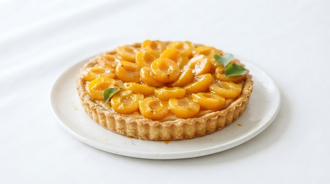 Freshly baked apricot tart cake decorated with fruit halves on white plate sweet dessert homemade pie baked goods