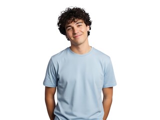 Obraz premium A portrait of a young man with curly hair wearing a light blue t-shirt