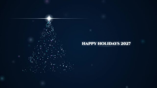 Glowing particle christmas tree animation with happy holidays 2027 text