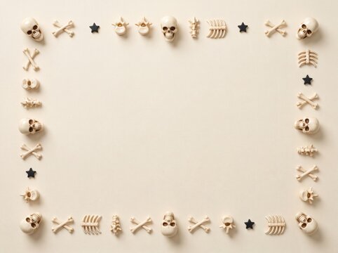 Halloween frame border made of skulls, crossbones, ribs, and star shapes on a textured beige background, flat lay with copy space