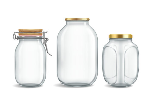 Three empty glass jars for food or drink storage transparent background