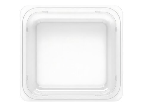A top down view of a clear empty square plastic food storage container tray