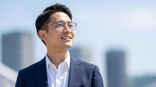 メガネをかけて知的で爽やかな笑顔を見せる男性ビジネスパーソン