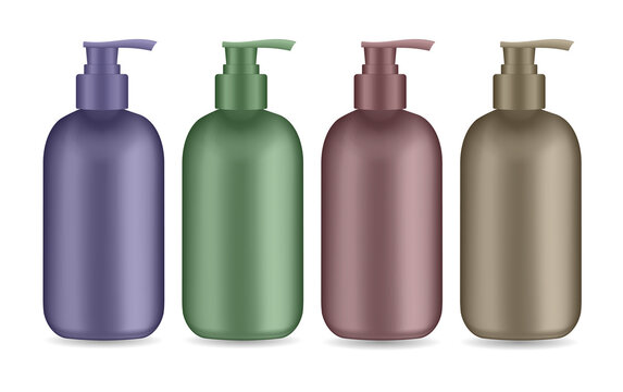 Four colorful cosmetic bottles for shampoo or lotion products on transparent background