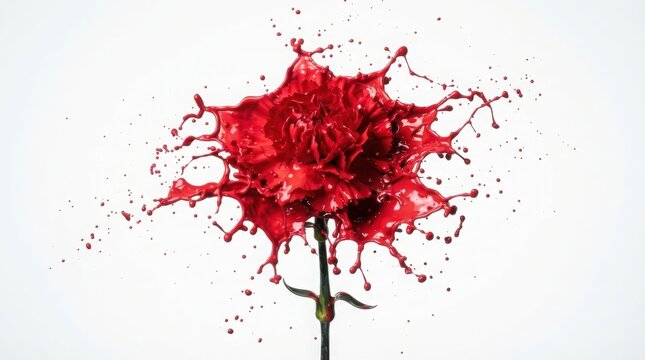Red paint splash rose flower, vibrant liquid explosion in floral shape, creative artistic paint splatter rose for design isolated on White Background