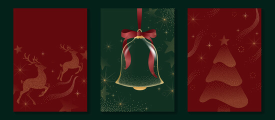 Naklejka premium Merry Christmas and Happy New Year background set. Luxury vector templates with golden reindeer, festive bell, Christmas tree, stars and red green holiday decoration with copy space.