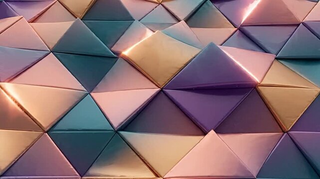 Abstract geometric triangles shifting in smooth motion video footage with vibrant purple and gold metallic surfaces