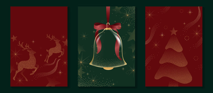 Merry Christmas and Happy New Year background set. Luxury vector templates with golden reindeer, festive bell, Christmas tree, stars and red green holiday decoration with copy space.