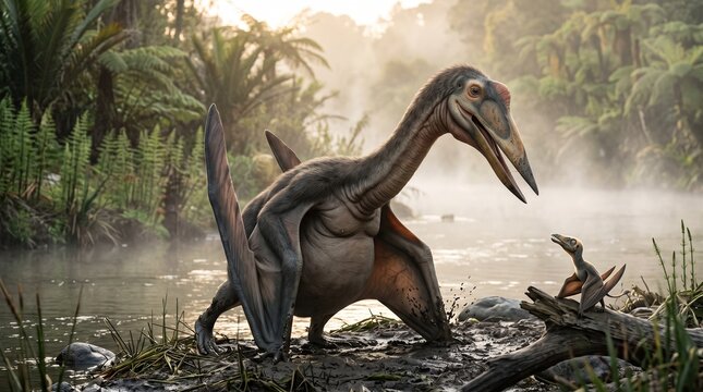 Realistic depiction of prehistoric pterosaurs by a misty riverbank