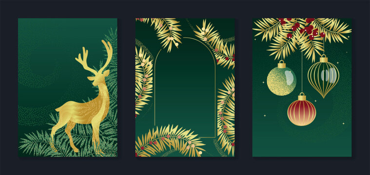Luxury Christmas background set vector with golden reindeer, pine branches and elegant hanging ornaments on deep emerald green. Festive holiday templates with copy space for greetings and text.