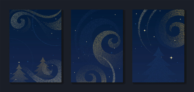 Merry Christmas and Happy New Year background set. Luxury vector templates with golden hanging ornaments, sparkling Christmas trees and snowflakes on elegant dark navy blue with copy space.