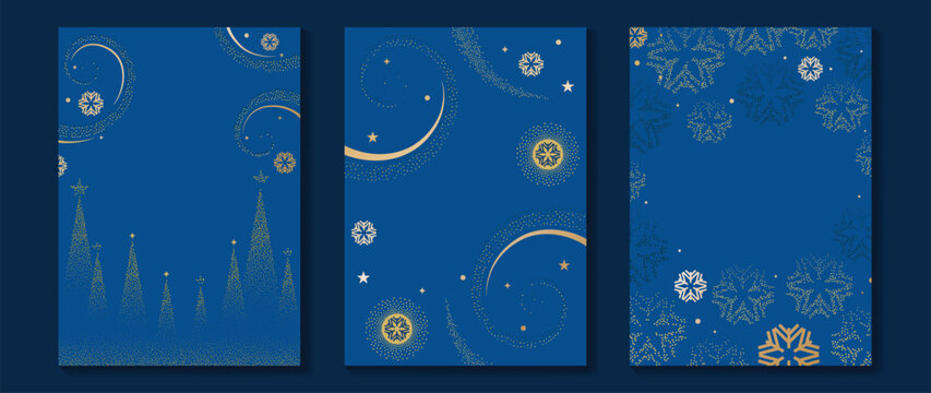 Merry Christmas and Happy New Year background set. Blue holiday vector templates with elegant snowflakes, golden stars, festive trees and spacious copy space for greetings and seasonal text.