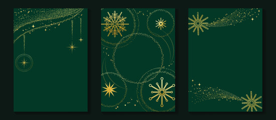 Naklejka premium Luxury Christmas background set vector with elegant gold snowflakes, sparkling stars and festive ornaments on deep emerald green. Premium holiday templates with copy space for greetings and text.