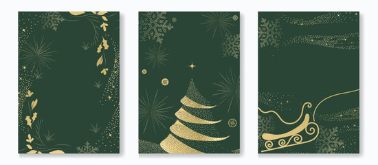 Naklejka premium Luxury Christmas background set vector with elegant gold ornaments, sparkling stars, snowflakes and festive trees on deep emerald green. Holiday decoration template with copy space.