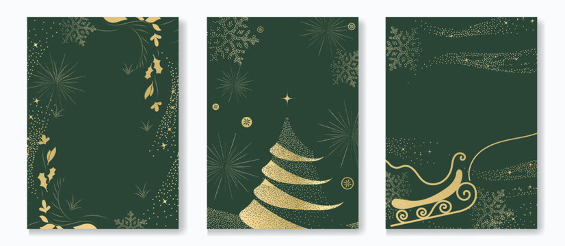 Luxury Christmas background set vector with elegant gold ornaments, sparkling stars, snowflakes and festive trees on deep emerald green. Holiday decoration template with copy space.