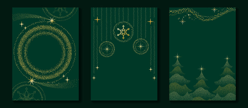 Luxury Christmas background set vector with elegant gold ornaments, sparkling stars, snowflakes and festive trees on deep emerald green. Holiday decoration template with copy space.