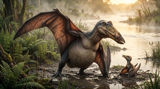 Prehistoric pterosaurs by a misty lake in lush forest setting