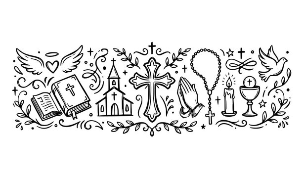 Hand drawn Christian religious doodle border set with cross bible church praying hands candle and dove outline vector illustration