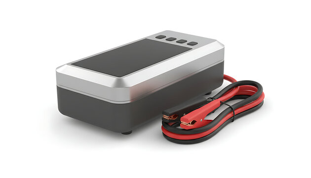 A portable car battery jump starter with red and black jumper cables sits on a white.