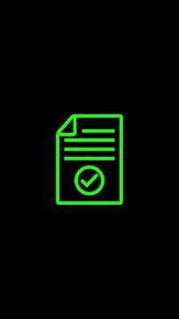 Neon green document animation with checkmark approval symbol for digital business and ui interface verified