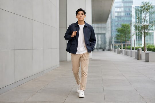 A young Asian man in casual attire walks confidently down a modern city sidewalk.