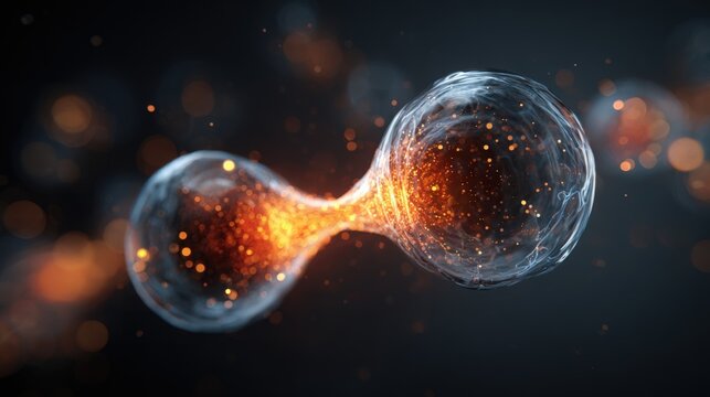 Biological cell division process glowing with intense golden particles suspended in liquid on white background