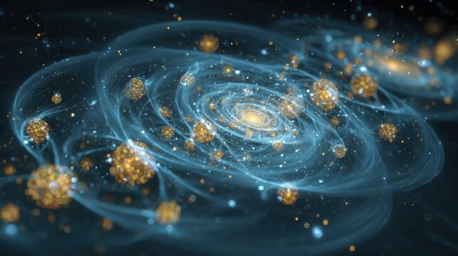 Swirling golden nebula particles glowing within deep blue cosmic vortex patterns isolated on white background
