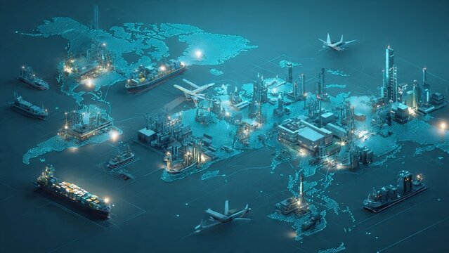 Global logistics and international supply chain network 3D map illustration