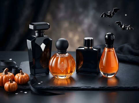 Black perfume bottles with orange liquid and small pumpkins for a spooky halloween theme
