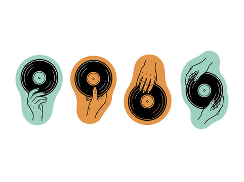 Vector illustration in hand drawn doodle style of hands holding vinyl records for music lovers and audio enthusiasts