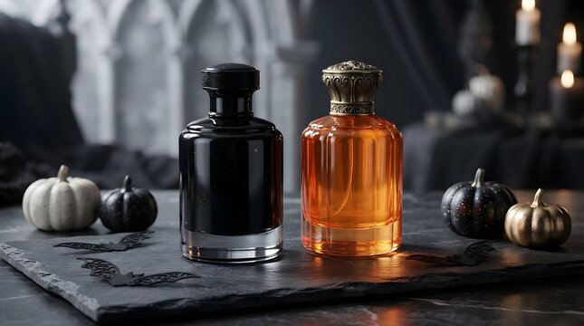 Two luxury perfume bottles standing on a dark stone table with small decorative pumpkins