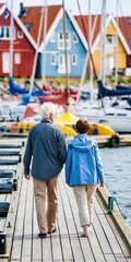 Fototapeta premium A senior couple walks hand-in-hand down a wooden pier towards colorful houses and docked sailboats, embodying a serene seaside retirement
