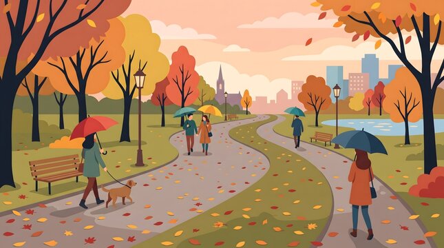 People Walking with Umbrellas in City Park During Autumn Rainy Day Vector Illustration