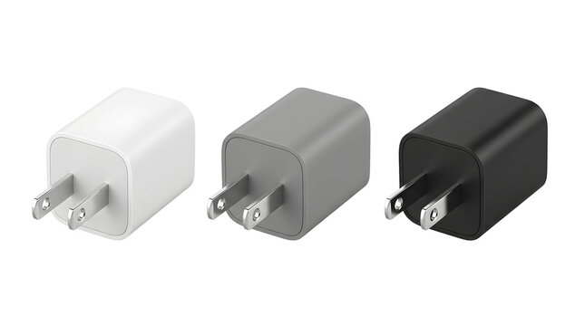 White, gray, and black smartphone USB wall charger power adapters isolated on transparent background.