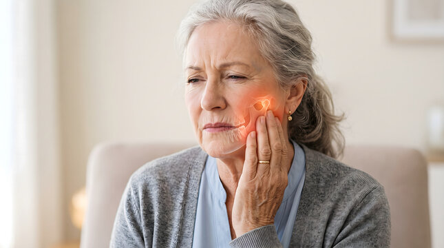Senior woman touching cheek due to dental tooth pain