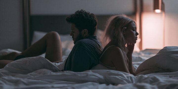 A couple in bed, back to back, symbolizing relationship problems and emotional distance. The dim lighting and their somber expressions convey a mood of sadness and disconnect