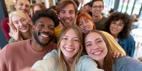 Fototapeta premium A diverse group of young adults smiling and taking a selfie together, radiating happiness and connection